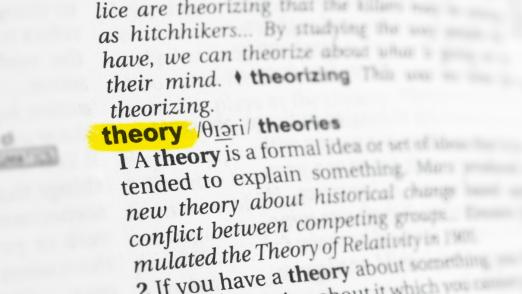 Highlighted English word "theory" and its definition at the dictionary
