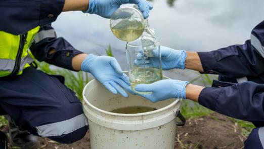 Environmental researchers investigate the condition of canal water for toxic spills, river waste water sampling, Asian researchers collect water samples in farmland for research and development. 