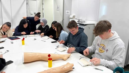 Schüler:innen versuchen sich an Nahten und Blutabnahme an Modellen im Skills Lab